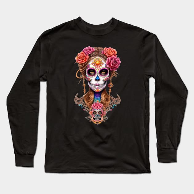Embody the Spirit of Dia de los Muertos with Stunning Woman in Sugar Skull Makeup Long Sleeve T-Shirt by ImaginativeInkPOD